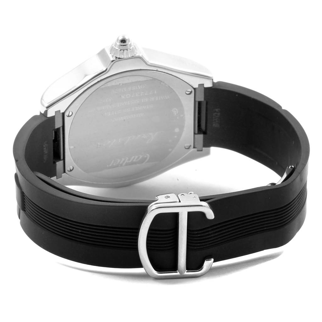 This image shows the side and back of a Cartier Roadster W6206018 Men
s Stainless Steel Silver Dial W6206018 Men
s Stainless Steel Silver Dial watch, highlighting its back cover, crown, and black rubber strap with a clasp.