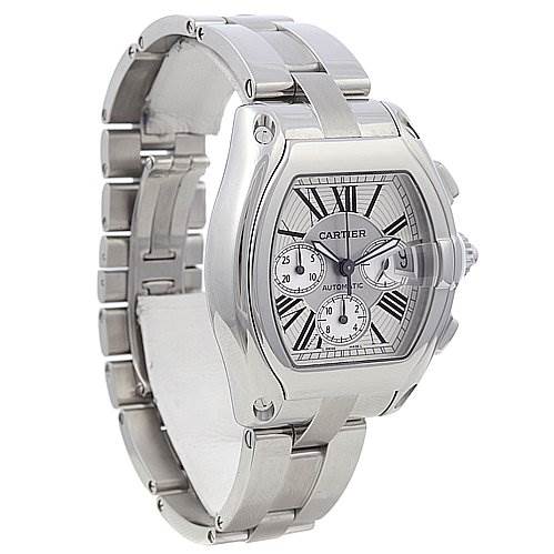 The image shows a Cartier Roadster W62019X6 Men's Stainless Steel Silver Dial W62019X6 Men's Stainless Steel Silver Dial watch from an angled side view, highlighting its face, dial, and metal bracelet.