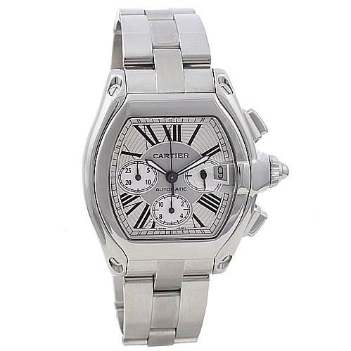 The image shows a front view of the Cartier Roadster W62019X6 Men's Stainless Steel Silver Dial W62019X6 Men's Stainless Steel Silver Dial watch, displaying its dial, bracelet, and chronograph pushers.