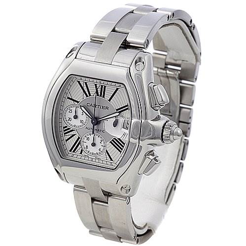 The image displays a Cartier Roadster W62019X6 Men's Stainless Steel Silver Dial W62019X6 Men's Stainless Steel Silver Dial watch from a three-quarter angle, showing the face, crown, and stainless steel bracelet.