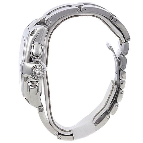 Side view of a Cartier Roadster W62019X6 Men's Stainless Steel Silver Dial W62019X6 Men's Stainless Steel Silver Dial watch showing the crown and metal bracelet.