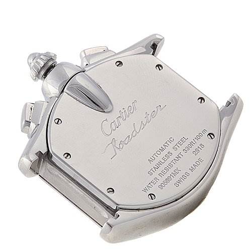 The image shows the back case of the Cartier Roadster W62019X6 Men's Stainless Steel Silver Dial W62019X6 Men's Stainless Steel Silver Dial watch at an angled view, highlighting the engraved details.