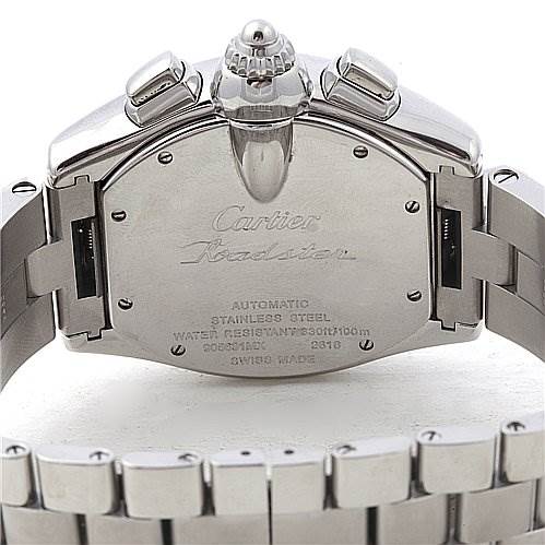 This image shows the back case and part of the bracelet of a Cartier Roadster W62019X6 Men's Stainless Steel Silver Dial W62019X6 Men's Stainless Steel Silver Dial watch.