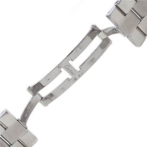 This image shows the clasp and part of the stainless steel bracelet of a Cartier Roadster W62019X6 Men's Stainless Steel Silver Dial W62019X6 Men's Stainless Steel Silver Dial watch, photographed from the underside.