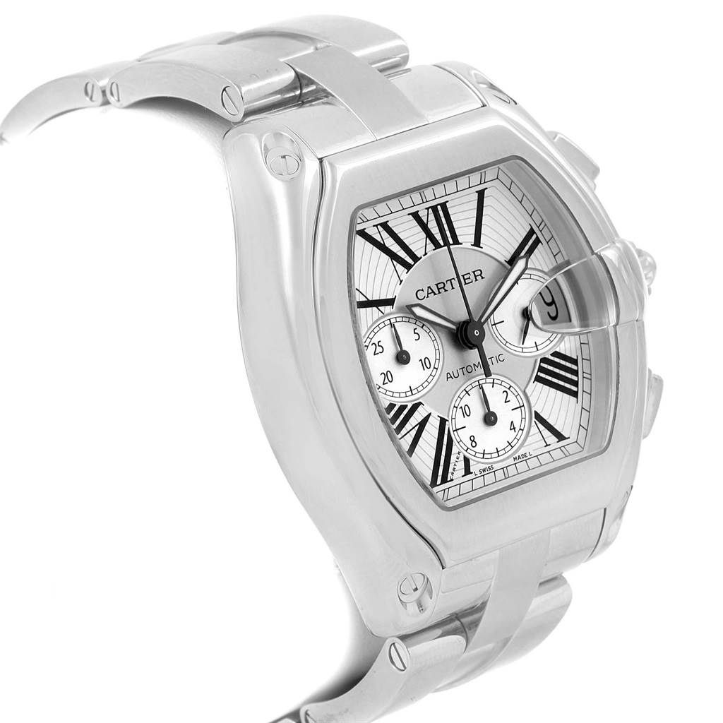 The image shows a nearly side view of a Cartier Roadster W62019X6 Men's Stainless Steel Silver Dial W62019X6 Men's Stainless Steel Silver Dial watch, highlighting the face, bezel, and part of the band.