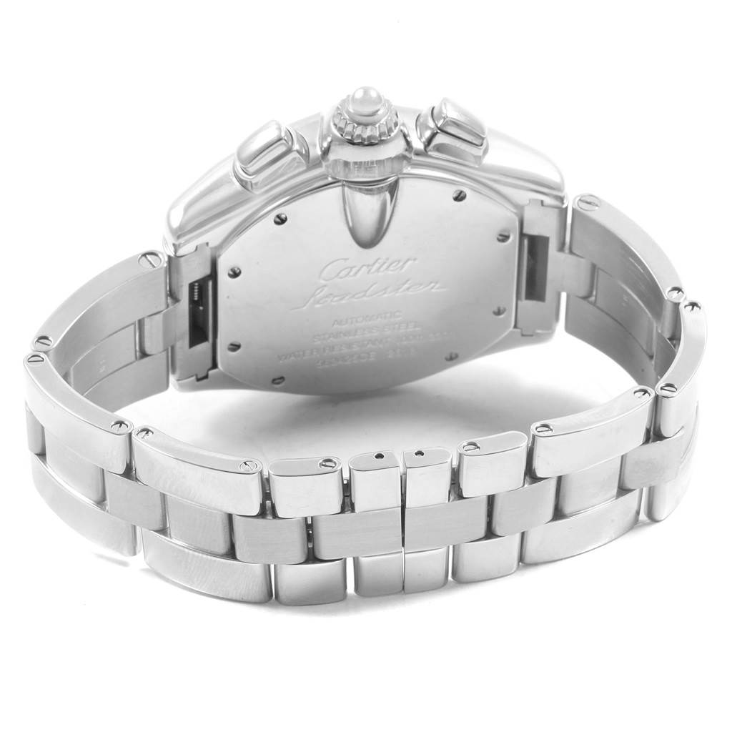 This image shows the back and side view of the Cartier Roadster W62019X6 Men's Stainless Steel Silver Dial W62019X6 Men's Stainless Steel Silver Dial watch, highlighting its bracelet and case back.