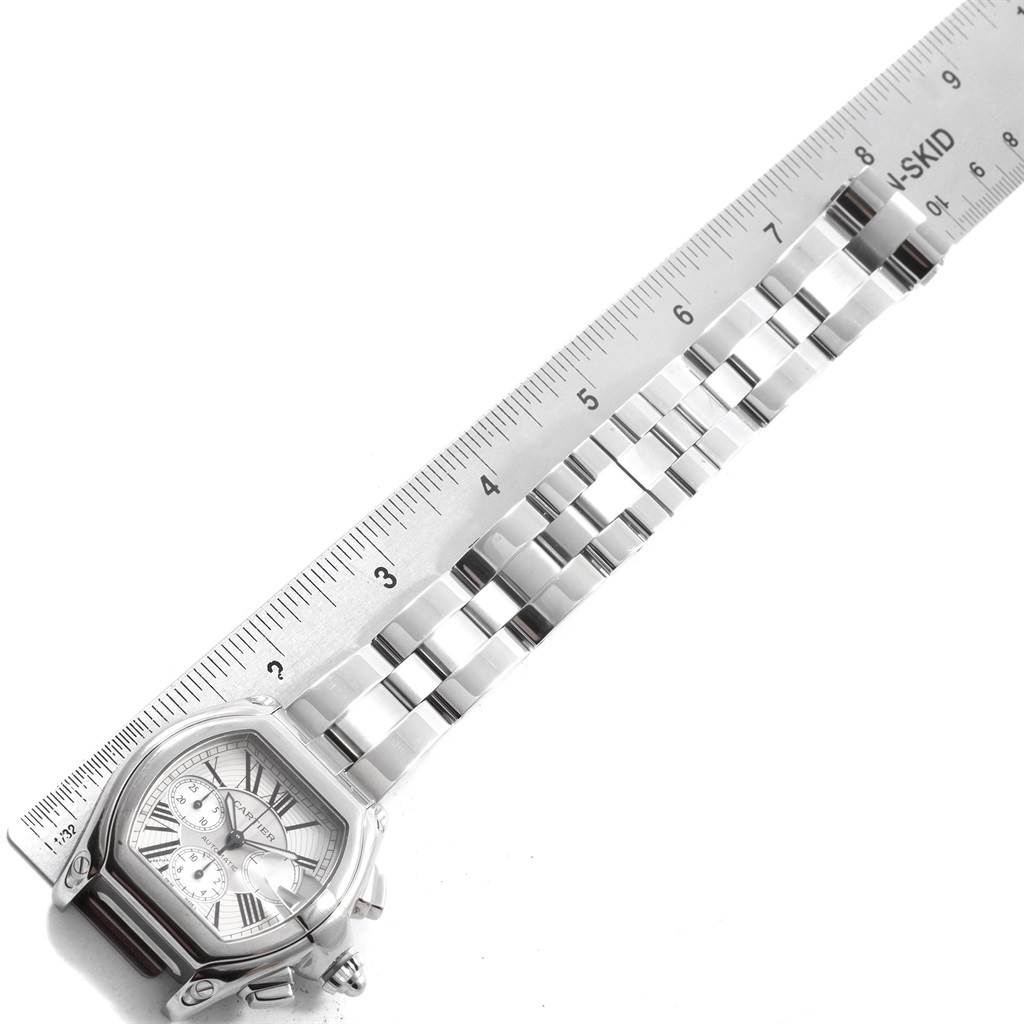 The image shows a Cartier Roadster W62019X6 Men's Stainless Steel Silver Dial W62019X6 Men's Stainless Steel Silver Dial watch face and partial band, measured with a ruler.