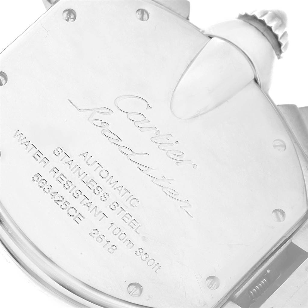 The image shows the back case of a Cartier Roadster W62019X6 Men's Stainless Steel Silver Dial W62019X6 Men's Stainless Steel Silver Dial watch, highlighting its branding and technical details.