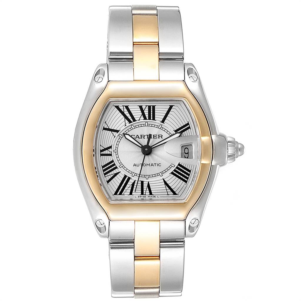 The image displays a Cartier Roadster W62031Y4 Men
s Steel and Gold (two tone) Silver Dial W62031Y4 Men
s Steel and Gold (two tone) Silver Dial watch from a frontal view showing its face, bezel, and two-tone bracelet.