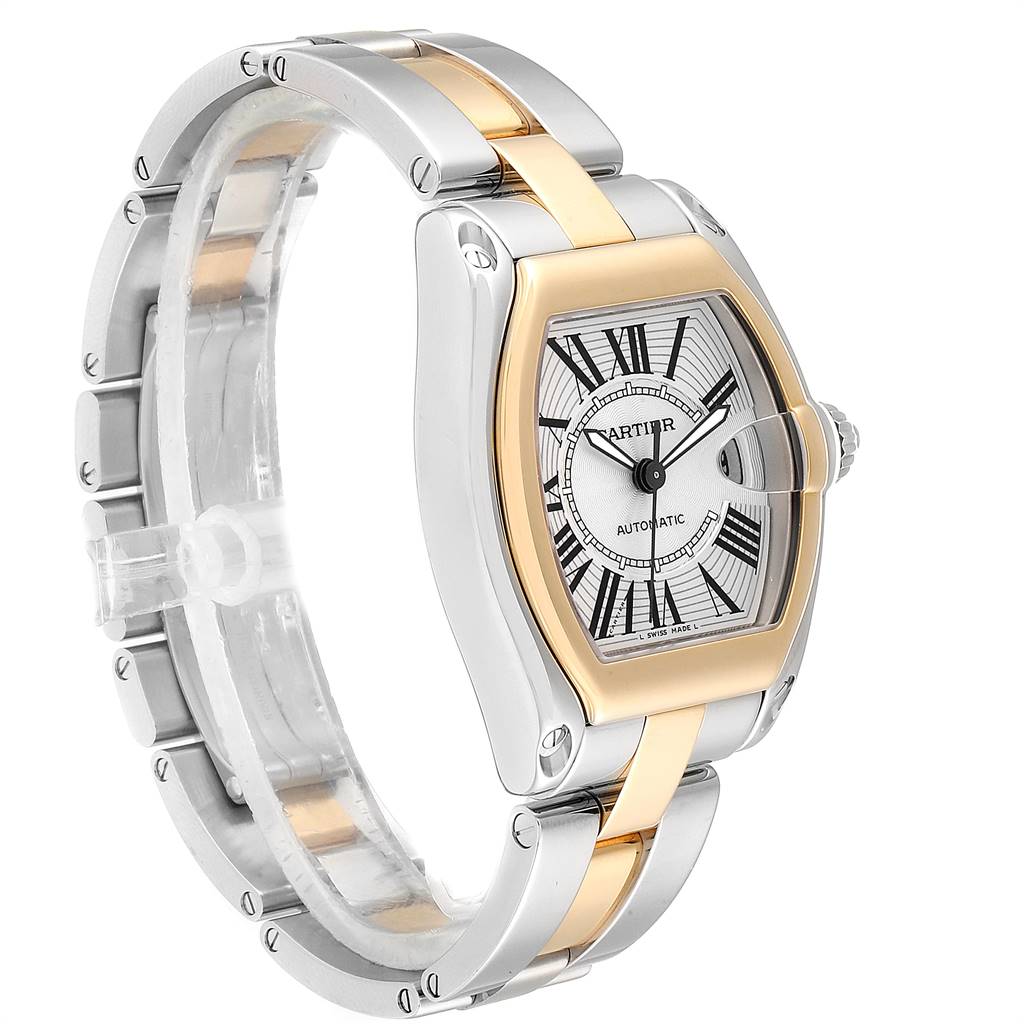 This image shows a Cartier Roadster W62031Y4 Men
s Steel and Gold (two tone) Silver Dial W62031Y4 Men
s Steel and Gold (two tone) Silver Dial watch at a three-quarter angle, highlighting its two-tone bracelet, dial, and crown.