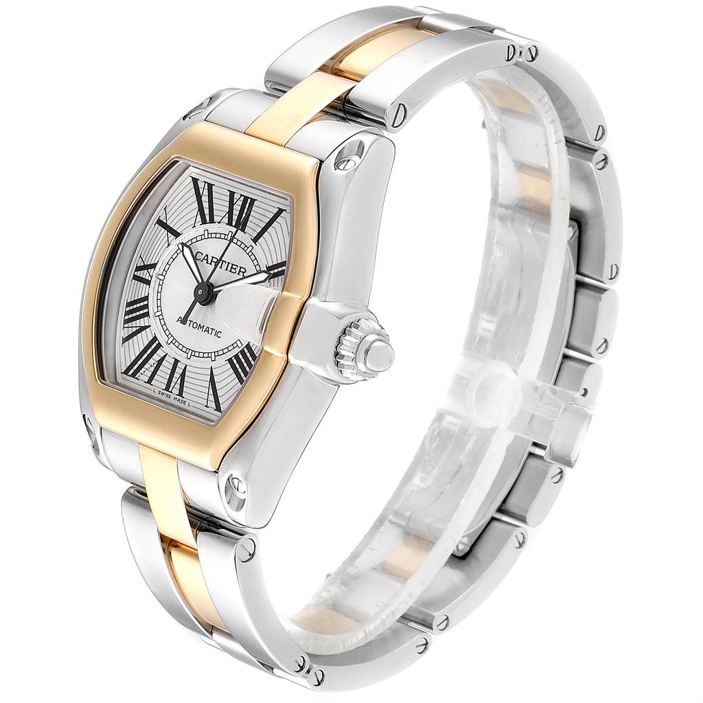 The Cartier Roadster W62031Y4 Men
s Steel and Gold (two tone) Silver Dial W62031Y4 Men
s Steel and Gold (two tone) Silver Dial watch is shown at a three-quarter angle, displaying its face, bezel, bracelet, and crown.