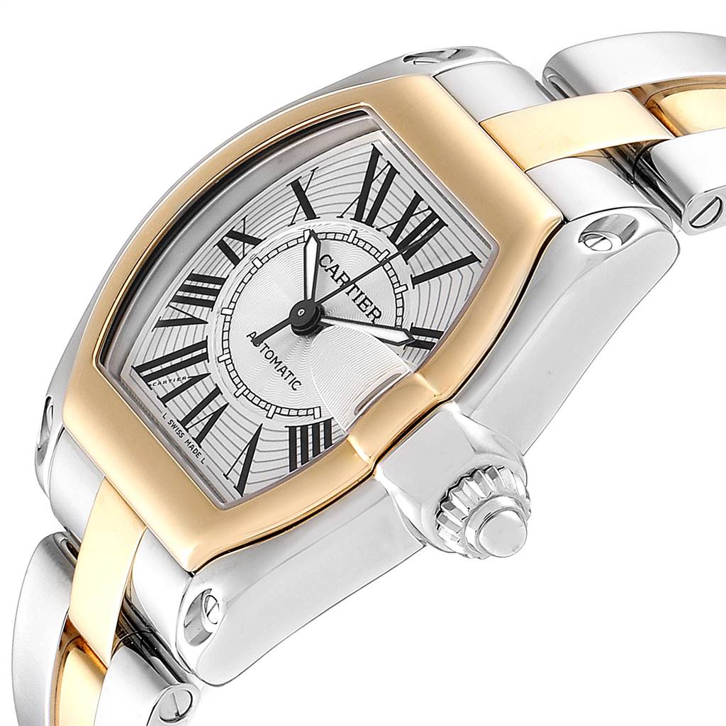 The image shows a Cartier Roadster W62031Y4 Men
s Steel and Gold (two tone) Silver Dial W62031Y4 Men
s Steel and Gold (two tone) Silver Dial watch from an angled perspective, highlighting the bezel, face, and part of the bracelet.