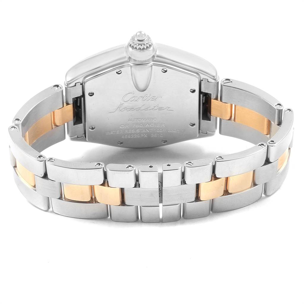This image shows the back case and two-tone bracelet of the Cartier Roadster W62031Y4 Men
s Steel and Gold (two tone) Silver Dial W62031Y4 Men
s Steel and Gold (two tone) Silver Dial watch.