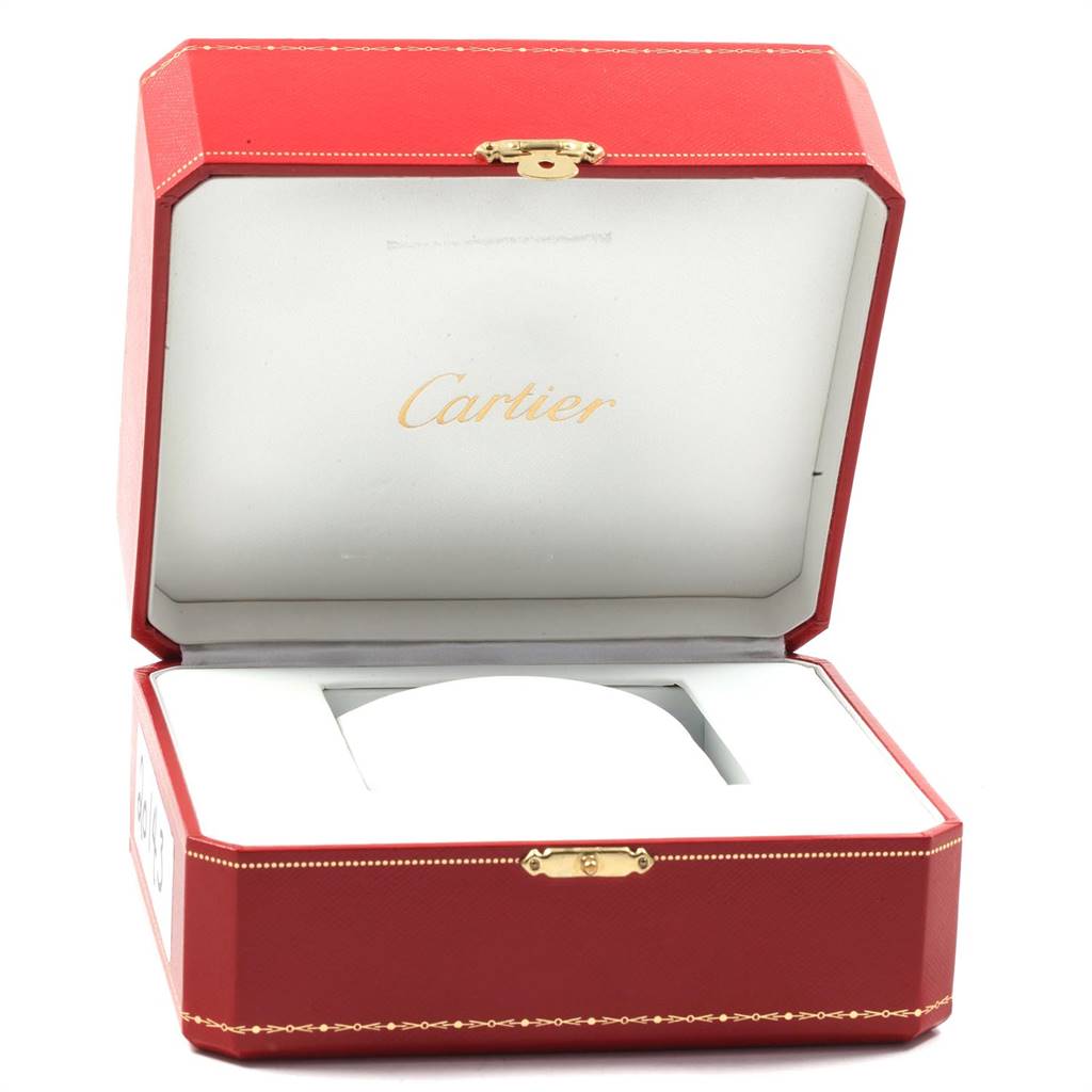 This image shows an open Cartier Roadster W62031Y4 Men
s Steel and Gold (two tone) Silver Dial W62031Y4 Men
s Steel and Gold (two tone) Silver Dial watch box, featuring the Cartier logo inside the lid.