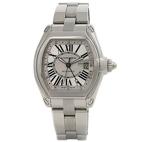 The image shows a Cartier Roadster W62032X6 Men's Stainless Steel Silver Dial W62032X6 Men's Stainless Steel Silver Dial watch from a frontal angle, displaying the face, bezel, and metal bracelet.