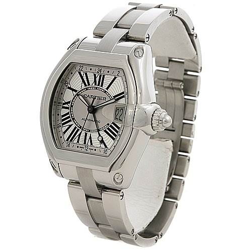 This image shows a Cartier Roadster W62032X6 Men's Stainless Steel Silver Dial W62032X6 Men's Stainless Steel Silver Dial watch at a three-quarter angle, displaying the face, crown, and metal bracelet.