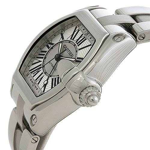 The image shows a side view of the Cartier Roadster W62032X6 Men's Stainless Steel Silver Dial W62032X6 Men's Stainless Steel Silver Dial watch, highlighting its dial, case, crown, and part of the bracelet.