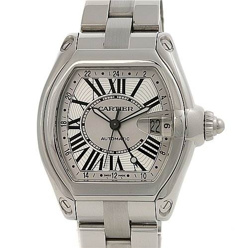 The image shows a frontal view of the Cartier Roadster W62032X6 Men's Stainless Steel Silver Dial W62032X6 Men's Stainless Steel Silver Dial watch, highlighting its dial, bezel, crown, and bracelet. 