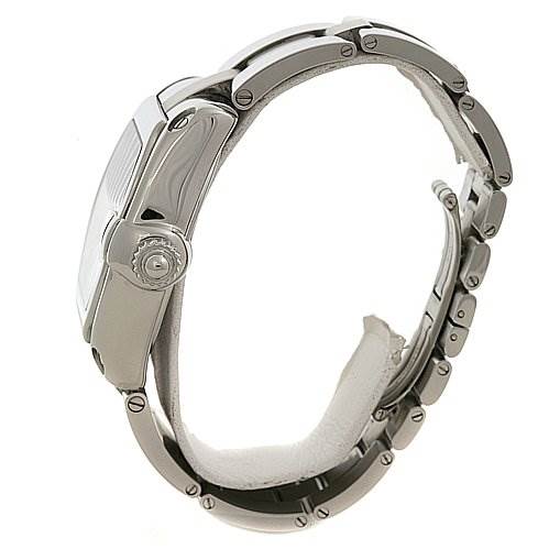 The image shows a side view of a Cartier Roadster W62032X6 Men's Stainless Steel Silver Dial W62032X6 Men's Stainless Steel Silver Dial watch focusing on the case, crown, and bracelet.