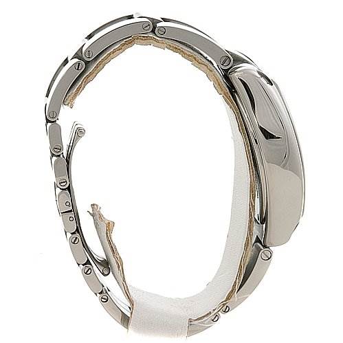 The image shows a side view of the Cartier Roadster W62032X6 Men's Stainless Steel Silver Dial W62032X6 Men's Stainless Steel Silver Dial watch, highlighting its metallic strap and case.