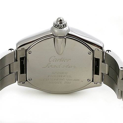 This image shows the back case and bracelet of the Cartier Roadster W62032X6 Men's Stainless Steel Silver Dial W62032X6 Men's Stainless Steel Silver Dial watch from a straight-on angle.