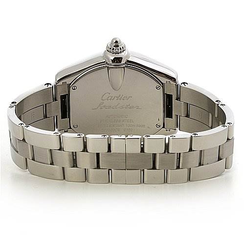 This image shows the back view and bracelet of a Cartier Roadster W62032X6 Men's Stainless Steel Silver Dial W62032X6 Men's Stainless Steel Silver Dial watch in stainless steel.
