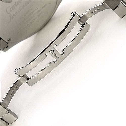 The image shows a close-up view of the clasp and part of the bracelet of a Cartier Roadster W62032X6 Men's Stainless Steel Silver Dial W62032X6 Men's Stainless Steel Silver Dial watch.