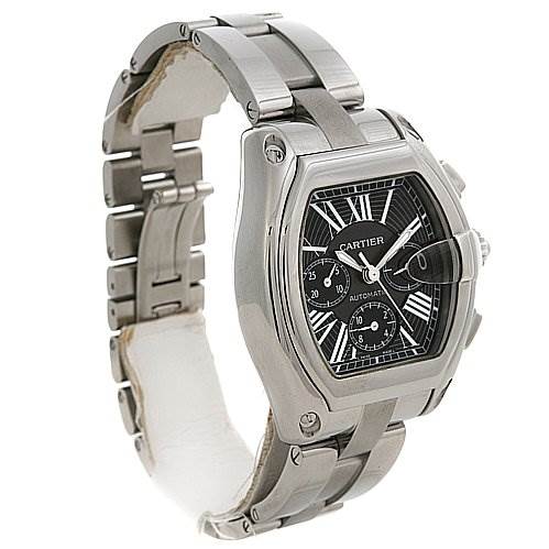 This image shows a side view of the Cartier Roadster W62020X6 Men's Stainless Steel Black Dial W62020X6 Men's Stainless Steel Black Dial watch, displaying its bracelet, case, and dial.