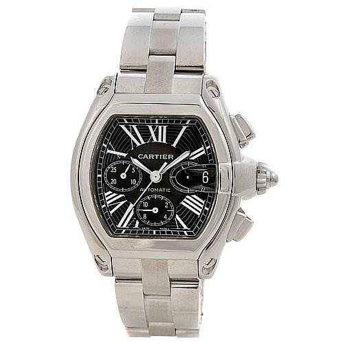The image shows a Cartier Roadster W62020X6 Men's Stainless Steel Black Dial W62020X6 Men's Stainless Steel Black Dial watch from a front angle, highlighting its face, bezel, and metal strap.