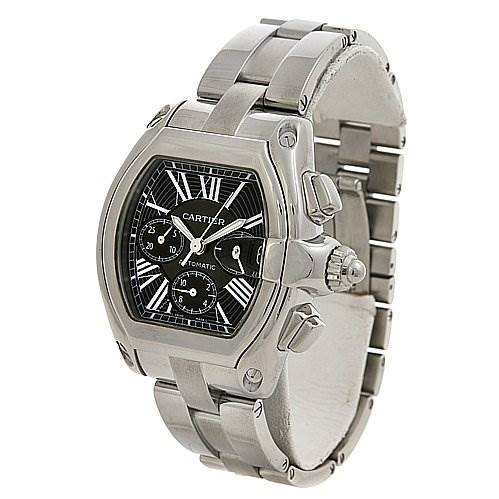 The Cartier Roadster W62020X6 Men's Stainless Steel Black Dial W62020X6 Men's Stainless Steel Black Dial watch is shown at a three-quarter angle, highlighting the face, crown, and bracelet.