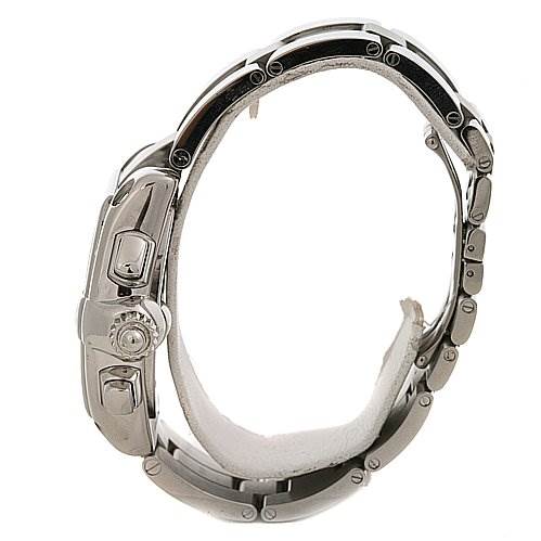 The image shows a side view of a Cartier Roadster W62020X6 Men's Stainless Steel Black Dial W62020X6 Men's Stainless Steel Black Dial watch, highlighting its stainless steel case, crown, and part of the bracelet.