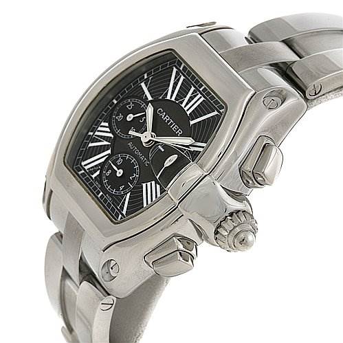 The image shows a Cartier Roadster W62020X6 Men's Stainless Steel Black Dial W62020X6 Men's Stainless Steel Black Dial watch at an angle, highlighting its face, crown, and part of the metal bracelet.