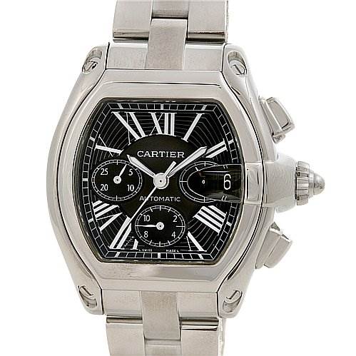The image shows a Cartier Roadster W62020X6 Men's Stainless Steel Black Dial W62020X6 Men's Stainless Steel Black Dial watch, featuring a close-up front view of the dial, bezel, crown, and part of the metal bracelet.