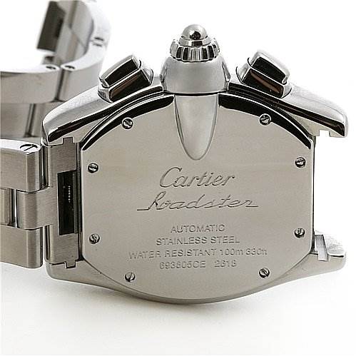 The image shows the back case of a Cartier Roadster W62020X6 Men's Stainless Steel Black Dial W62020X6 Men's Stainless Steel Black Dial watch, highlighting the stainless steel material and branding.