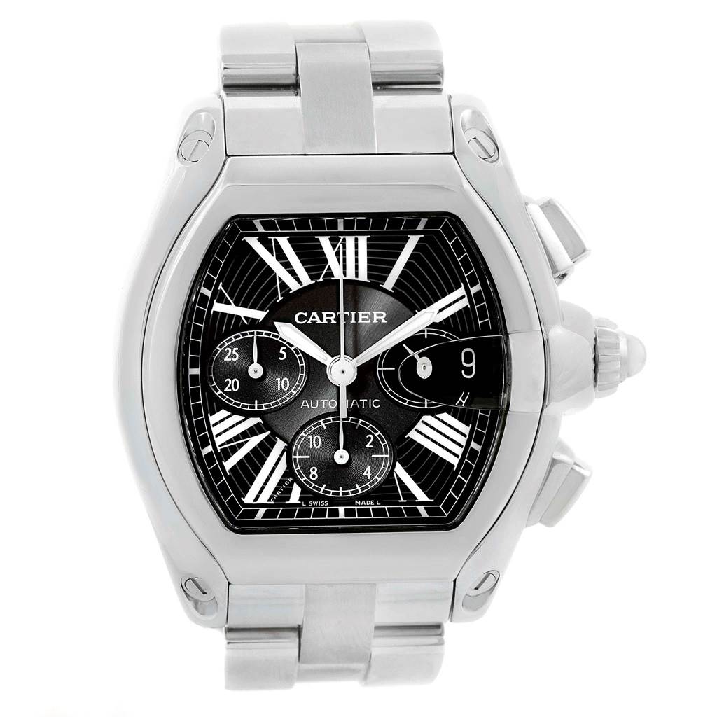 The image shows a front view of the Cartier Roadster W62020X6 Men's Stainless Steel Black Dial W62020X6 Men's Stainless Steel Black Dial watch, highlighting its dial, case, and stainless steel bracelet.