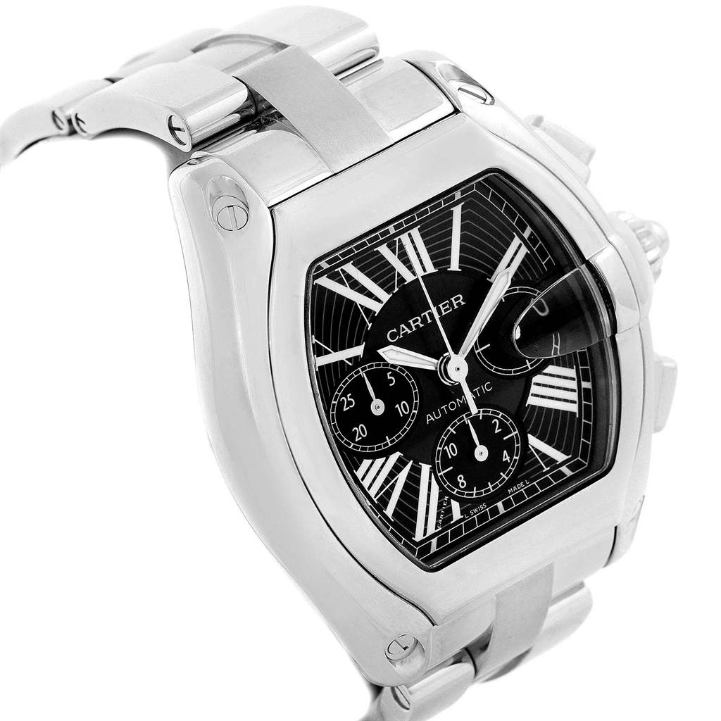 This Cartier Roadster W62020X6 Men's Stainless Steel Black Dial W62020X6 Men's Stainless Steel Black Dial model watch is shown at an angle highlighting its black dial, metal casing, and part of the bracelet.