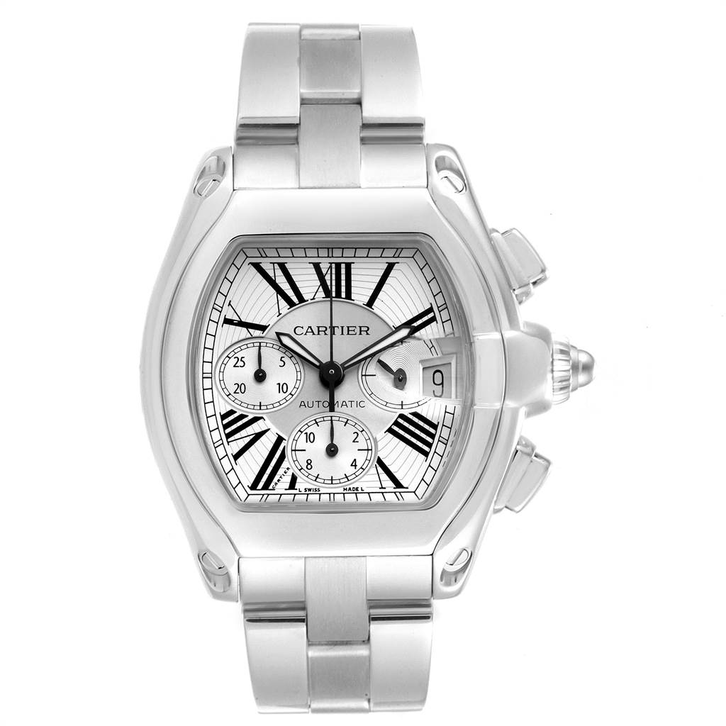 This Cartier Roadster W62019X6 Men's Stainless Steel Silver Dial W62019X6 Men's Stainless Steel Silver Dial watch is shown from the front, displaying its face, dials, and bracelet.