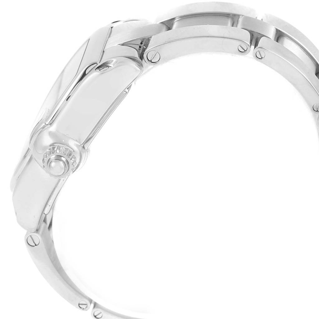 Side view of the Cartier Roadster W62025V3 Men
s Stainless Steel Silver Dial W62025V3 Men
s Stainless Steel Silver Dial watch, showing its stainless steel bracelet and crown.