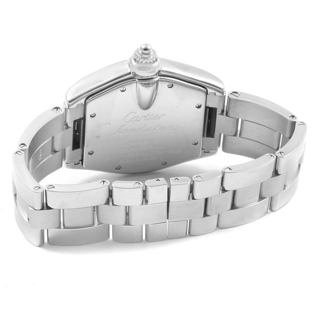 This image shows the back view of the Cartier Roadster W62025V3 Men
s Stainless Steel Silver Dial W62025V3 Men
s Stainless Steel Silver Dial watch, focusing on the caseback and bracelet.