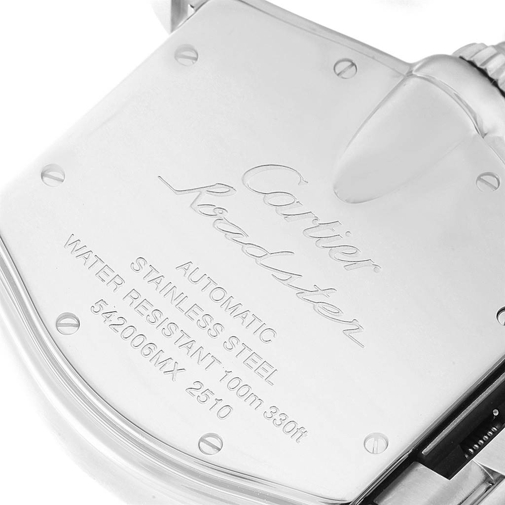 This image shows the back case of a Cartier Roadster W62025V3 Men
s Stainless Steel Silver Dial W62025V3 Men
s Stainless Steel Silver Dial watch, highlighting the engravings and metal finish.