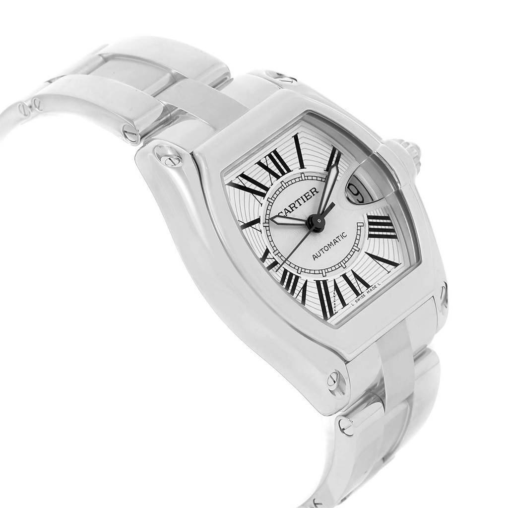 The image shows a Cartier Roadster W62025V3 Men
s Stainless Steel Silver Dial W62025V3 Men
s Stainless Steel Silver Dial watch at a three-quarter angle with the face and metal bracelet visible.