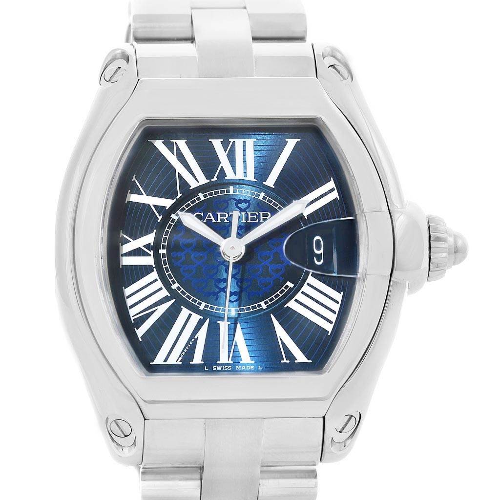 This image shows a frontal view of the Cartier Roadster W6206012 Men
s Stainless Steel Blue Dial W6206012 Men
s Stainless Steel Blue Dial watch, highlighting its dial, case, and stainless steel bracelet.