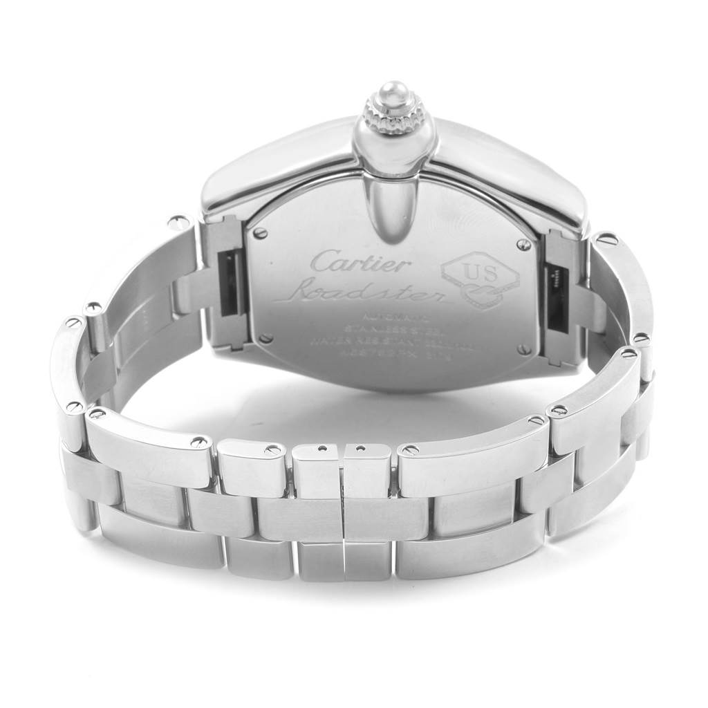This image shows the back case and bracelet of a Cartier Roadster W6206012 Men
s Stainless Steel Blue Dial W6206012 Men
s Stainless Steel Blue Dial watch, taken from a rear angle.