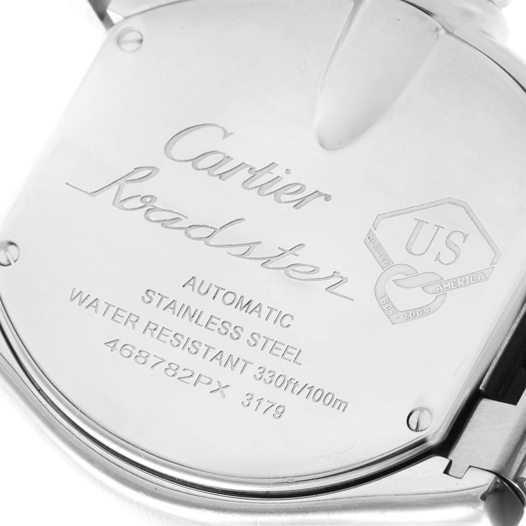The image shows the back case of a Cartier Roadster W6206012 Men
s Stainless Steel Blue Dial W6206012 Men
s Stainless Steel Blue Dial watch, highlighting its engravings and specifications.