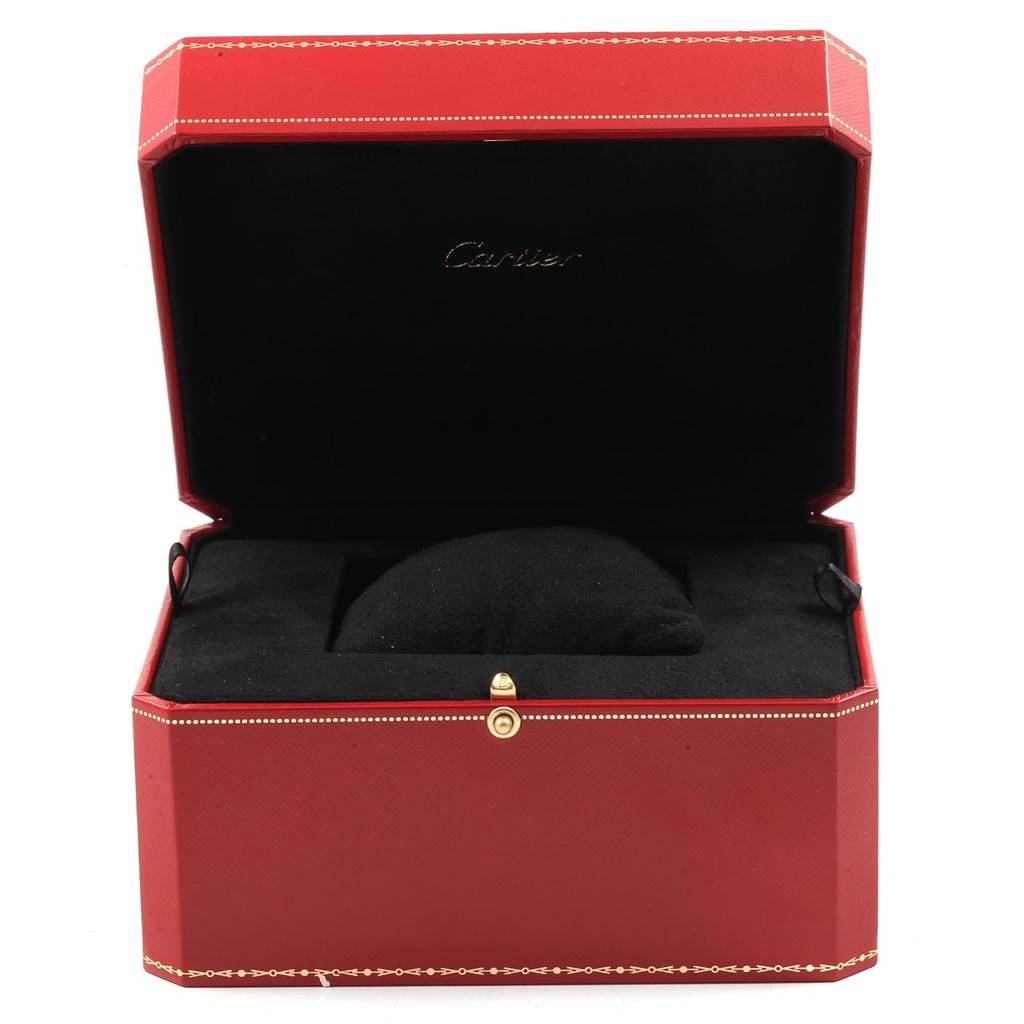 This image features the open box of the Cartier Roadster W6206012 Men
s Stainless Steel Blue Dial W6206012 Men
s Stainless Steel Blue Dial watch, with the interior holder and the Cartier logo visible.