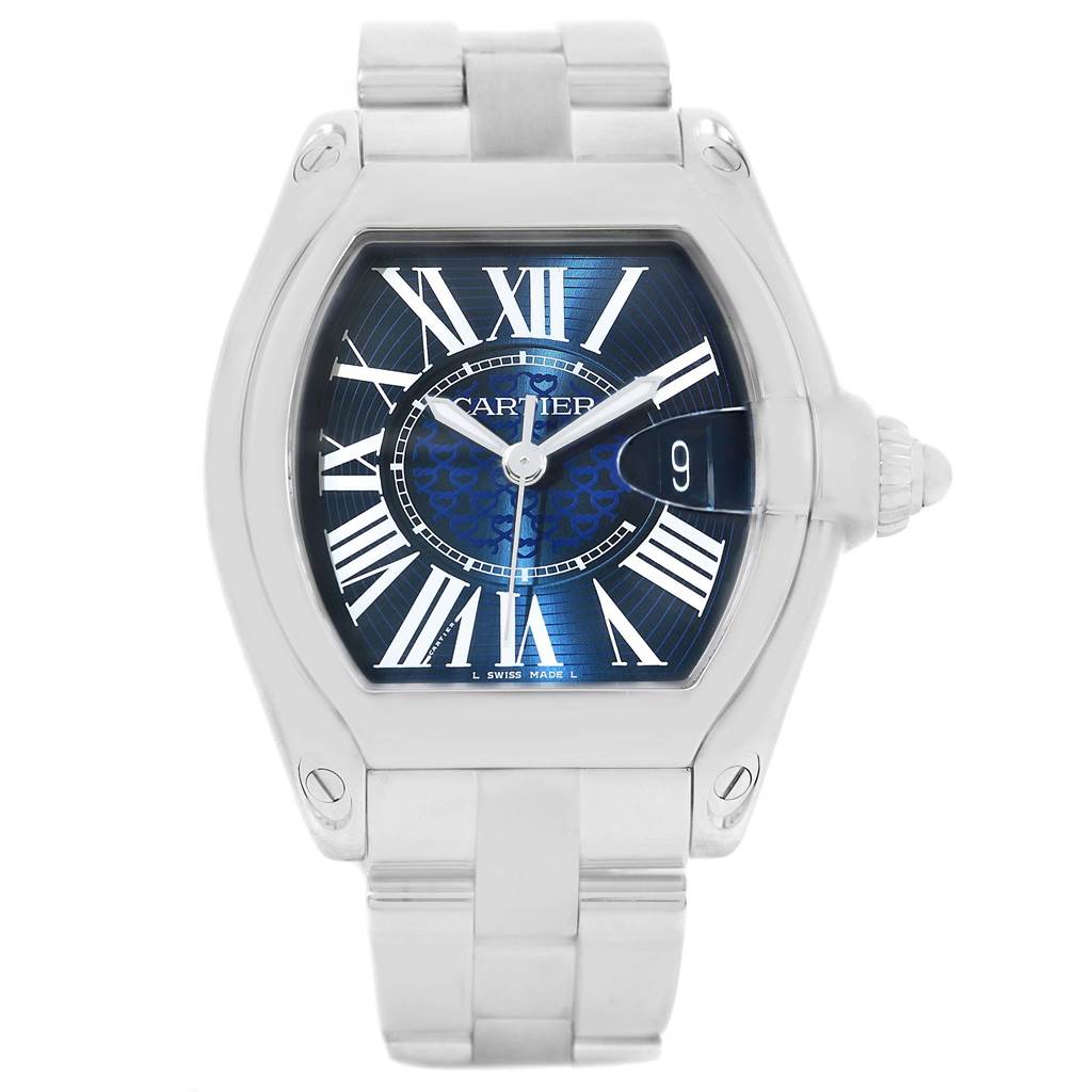 The image shows a Cartier Roadster W6206012 Men
s Stainless Steel Blue Dial W6206012 Men
s Stainless Steel Blue Dial watch with a focus on its face, case, and a portion of the bracelet from a front angle.