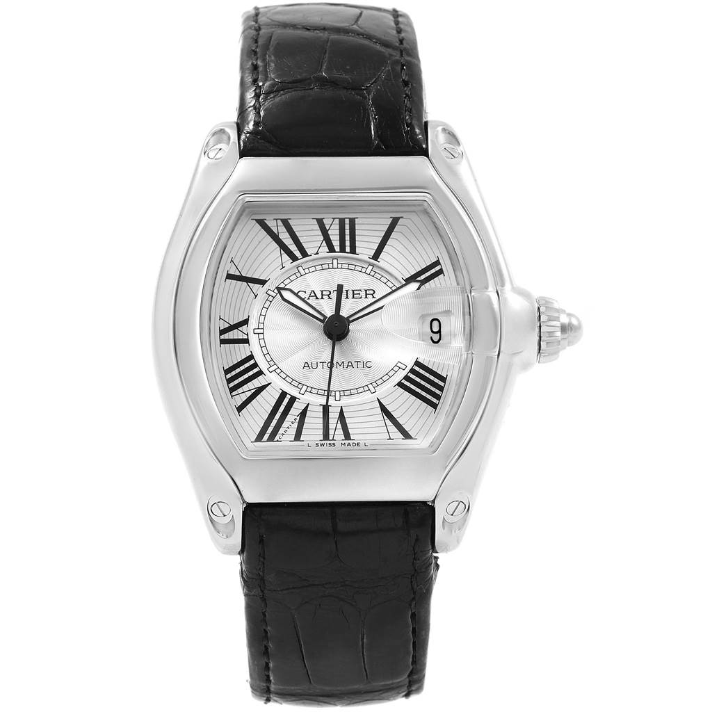 The image shows a front view of the Cartier Roadster W62025V3 Men
s Stainless Steel Silver Dial W62025V3 Men
s Stainless Steel Silver Dial model watch, displaying its dial, case, and black leather strap.
