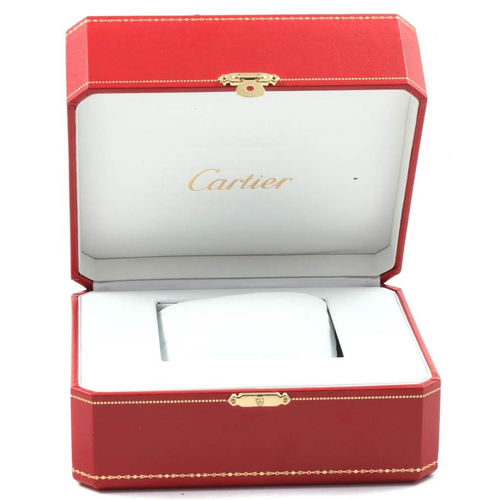 The image shows an open red Cartier watch box designed for the Roadster model, with no watch inside.