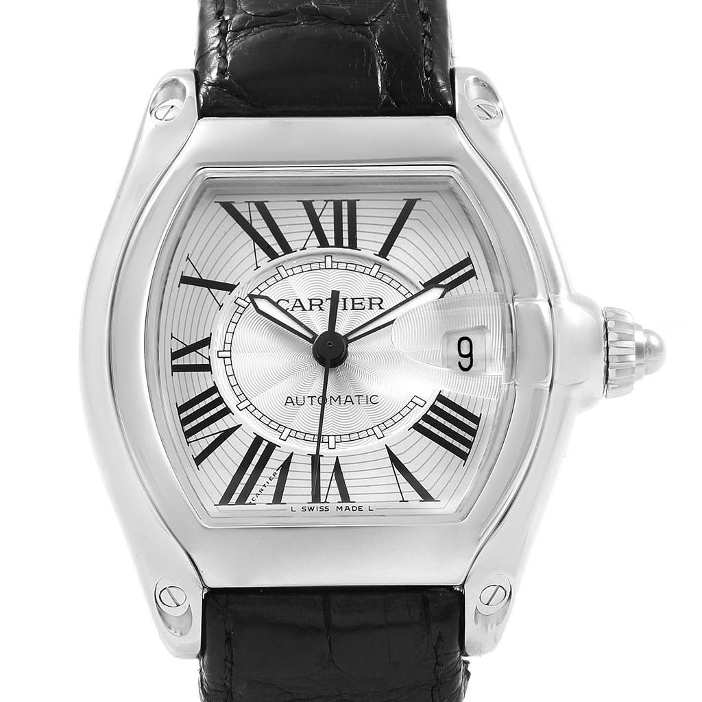 This image shows a frontal view of the Cartier Roadster W62025V3 Men
s Stainless Steel Silver Dial W62025V3 Men
s Stainless Steel Silver Dial watch, highlighting the dial, hands, crown, and leather strap.