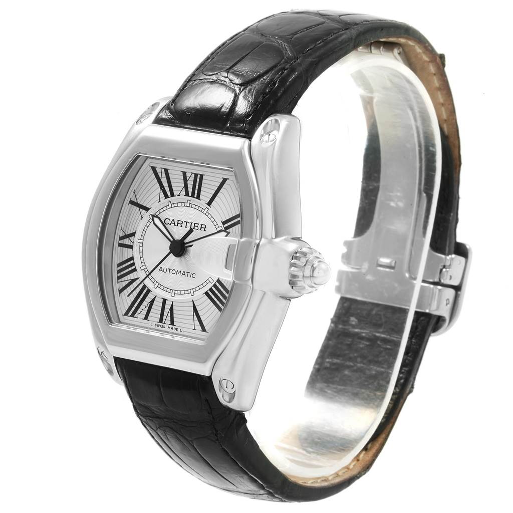 This image shows a Cartier Roadster W62025V3 Men
s Stainless Steel Silver Dial W62025V3 Men
s Stainless Steel Silver Dial watch from a front angle, highlighting the face, bezel, crown, and leather strap.